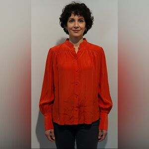 FRAME Denim Tomoto Red Silk Mandarin Collar Wide Cuff Swing Blouse XS